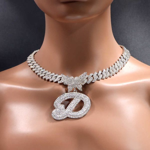 

pendant necklaces 2023 fashion butterfly initials necklace for women hip hop iced out cuban link chain letters birthday jewelry 230613, Silver