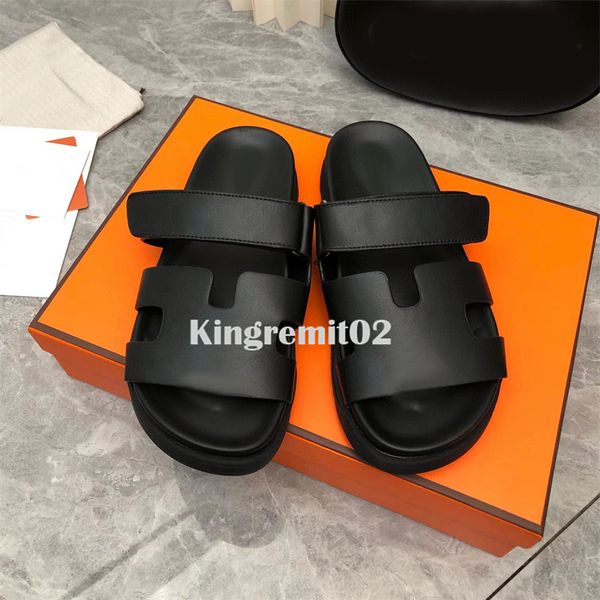 

designer chypre sandals h slipper men women genuine leather sandals suede slippers thick bottom flip flops summer marine green calfskin slip, Black