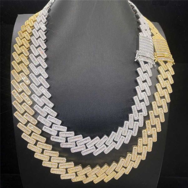

hip hop 18mm iced cut baguette vvs lab moissanite cuban chain silver 925 18k gold plated cuban chain necklace