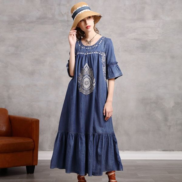 

2023 summer new large denim long skirt vintage heavy embroidery lotus leaf medium sleeve loose dress a82252, Black;gray