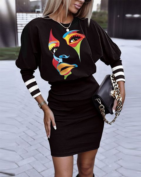 

spring and autumn new women's dress fashion brand print waist round neck women's dress size s--3xl, Black;gray