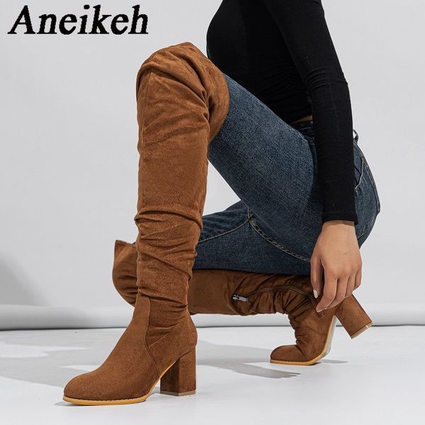 

womens mature flock round motorcycle over knee long boots 2023 spring/autumn new high side zipper thick heel boots, Black