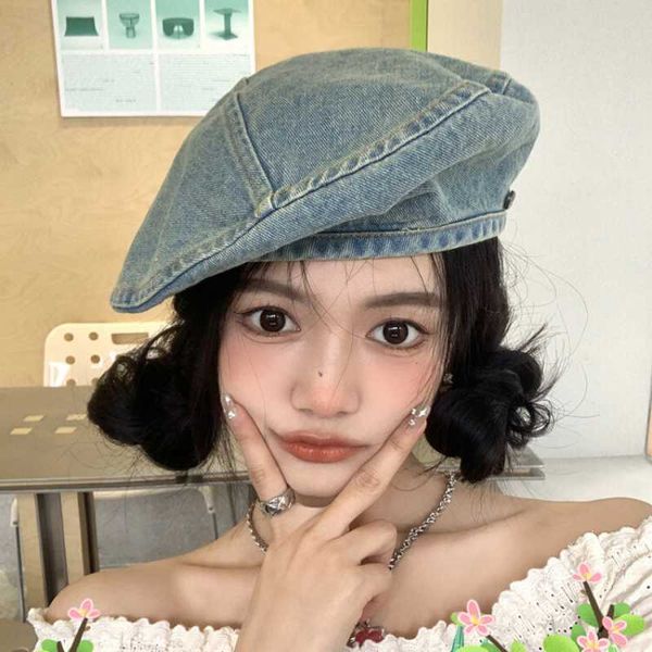 

berets 2023 korean new denim beret women's spring washed retro painter hat versatile big head circumference solid color octagonal cap z, Blue;gray