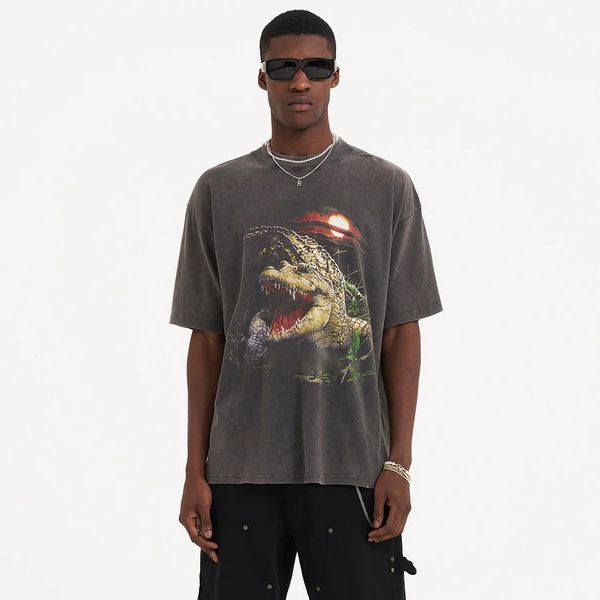 

23ss new woman men's t-shirts vintage washed destructive appetite t-shirt classic crocodile printed short sleeve summer fashion breatha, White;black
