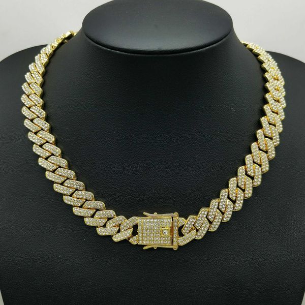 

wholesale hip hop jewelry cuban diamond bracelet chain 14 mm diamond gold plated bling rhinestone link necklace, Silver