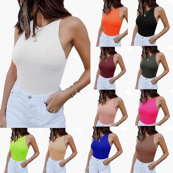 

jumpsuit tee womens casual sleeveless crew neck pads shoulder bodysuit tank sleeveless coat double h lace-up back tight vest connected tank, Black;white