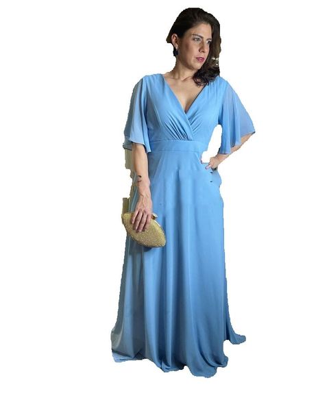 

romantic sky blue chiffon v neck prom dresses short sleeves floor length evneing gowns, Black