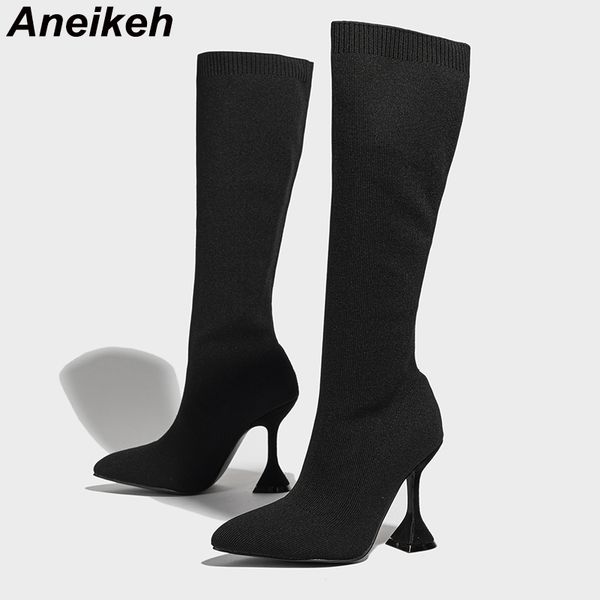 

2023 new fashion stretch fabric concise solid pointed toe women spike heels over-the knee boots party shoes sewing black