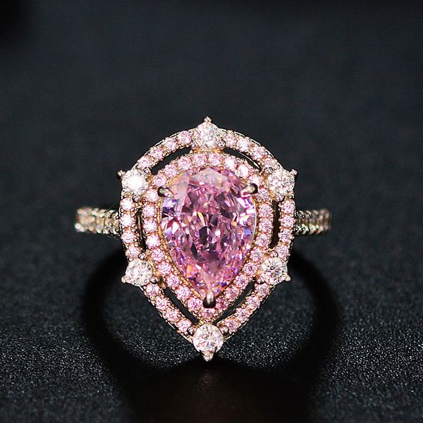 

water drop 3ct pink sapphire diamond ring 100% real 925 sterling silver engagement wedding band rings for women men fine jewelry, Slivery;golden