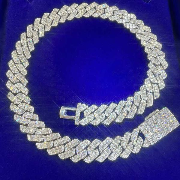 

solid silver 19mm wide gra baguettes moissanite diamond cuban link chain for mens rapper hip hop necklace
