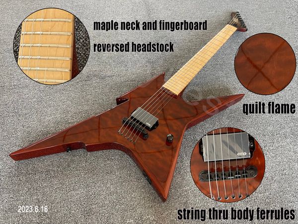 

electric guitar red see thru wood grain quilt flame maple neck and fingerboard o inlay black parts string thru body ferrules