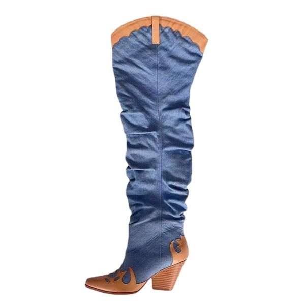 

2023 pointy toe cow print design high chunky heel loose leisure over knee high booties women mixed color patchwork denim shoes, Black