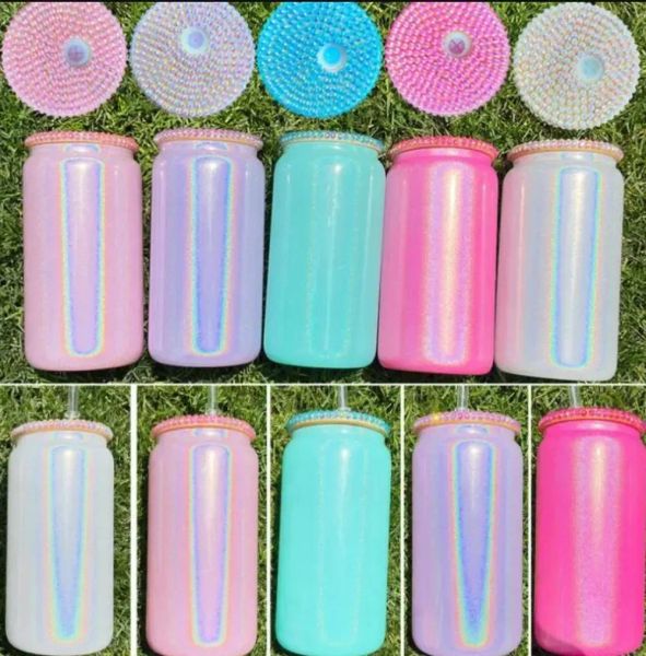 

sublimation 16oz glitter glass tumbler with bling lids shimmer glass can diamond lid reusable straw beer can transparent soda can cup drinki