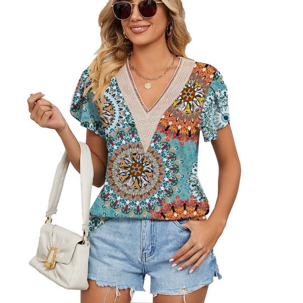 

women short sleeve v neck printed flower t shirt for summer, White