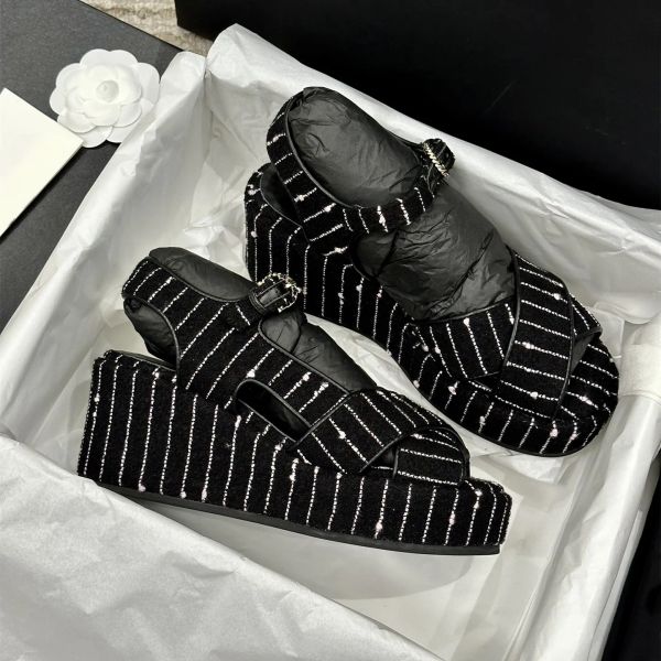 

luxury designer women summer sandals fashion genuine leather wedges sandals flat platform crystal high heels pumps sewing runway outfit feet, Black