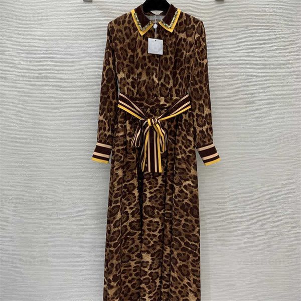 

leopard print dresses for woman diamonds beaded collar half button front closure waist leopards print with belt dress womens designers cloth, Black;gray