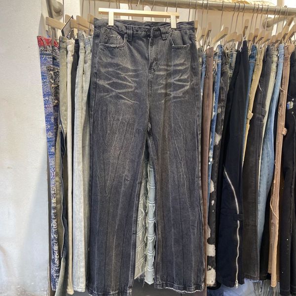

real pics washed vintage straight wide leg denim pants men and women high street baggy casual flare jeans pants oversized, Black;brown