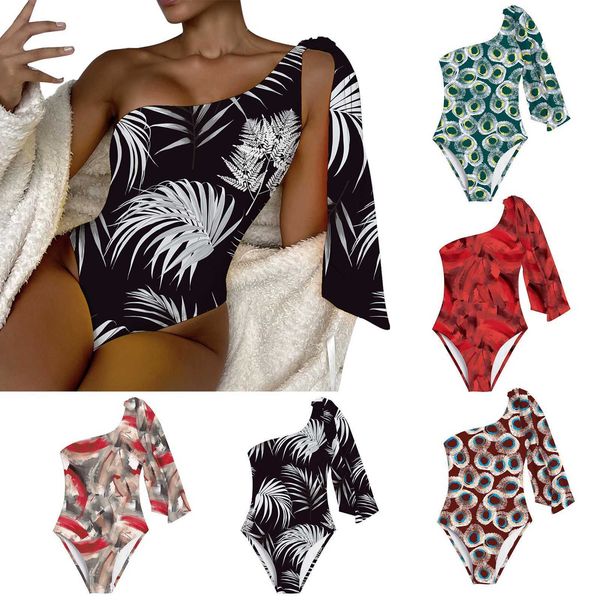 

designer swimwear fashion women's summer one shoulder strap retro print thong biquinis backless female bathing suit sports, White;black