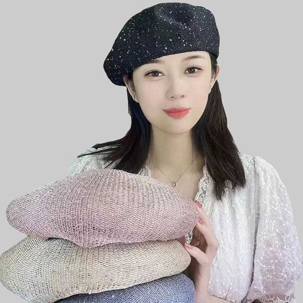 

berets breathable linen sequin design fashion beret 2023 summer hat for women thin literary temperament artist hat mushroom hat z0616, Blue;gray