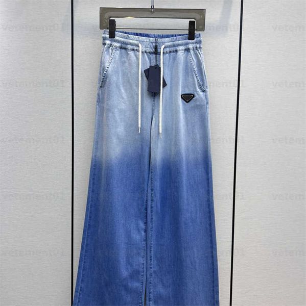 

women jeans designers clothing cotton denim fabric front pocket classic triangle logo gradient color blocking denim drawstring casual pants, Blue