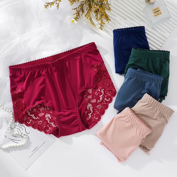 

ladies lace panties women's cotton panties solid color plus size briefs high-rise lace edge underpants soft lady ws1197, Black;pink