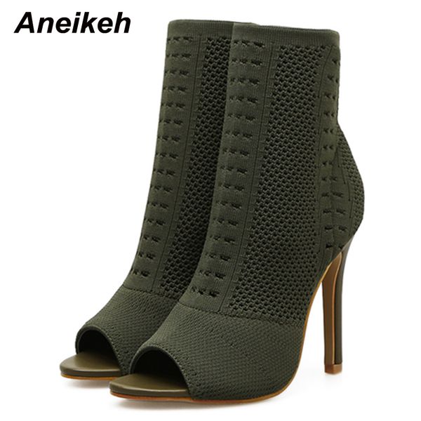 

2023 new spring autumn women ankle boots peep toe thin high heel stretch fabric boots cut-out shoes classics black