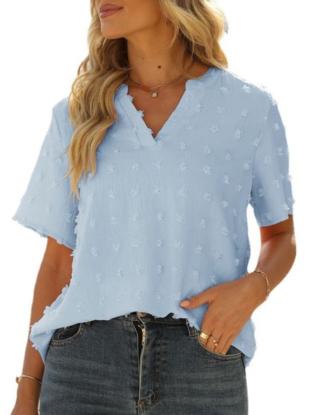 

womens jacquard v-neck short sleeve solid wool ball chiffon shirt for summer, White