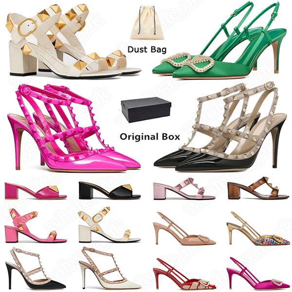

2023 designer women luxury sandals dress shoes famous stud valentinoy high heels leather rivet black pointed peep-toes lady party wedding pl