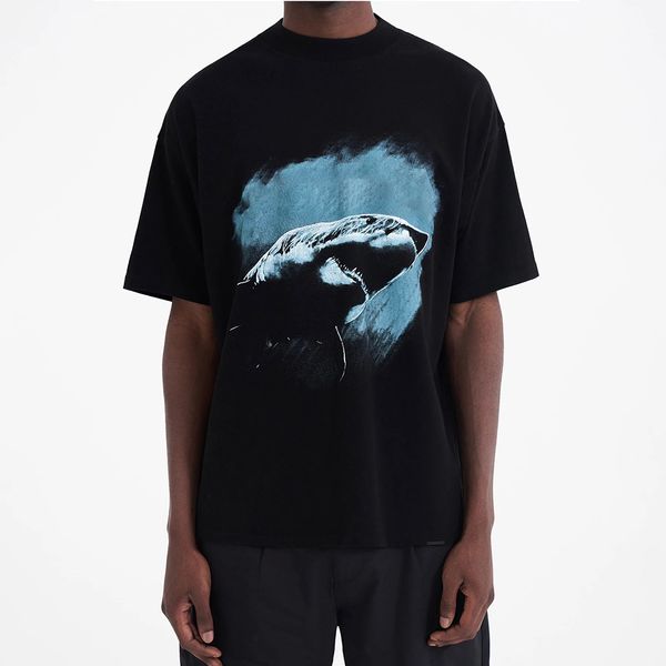 

23ss new woman men's t-shirts vintage washed classic shark letter printed short sleeve vacation summer fashion breathable high street t, White;black