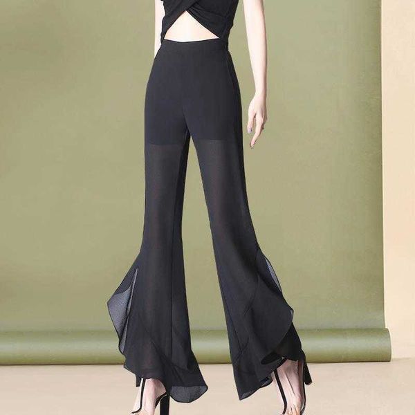 

flared pants women ice silk flare leggings chiffon black bell woman trendeez fashion fluid long tulle trousers casual plus size, Black;white