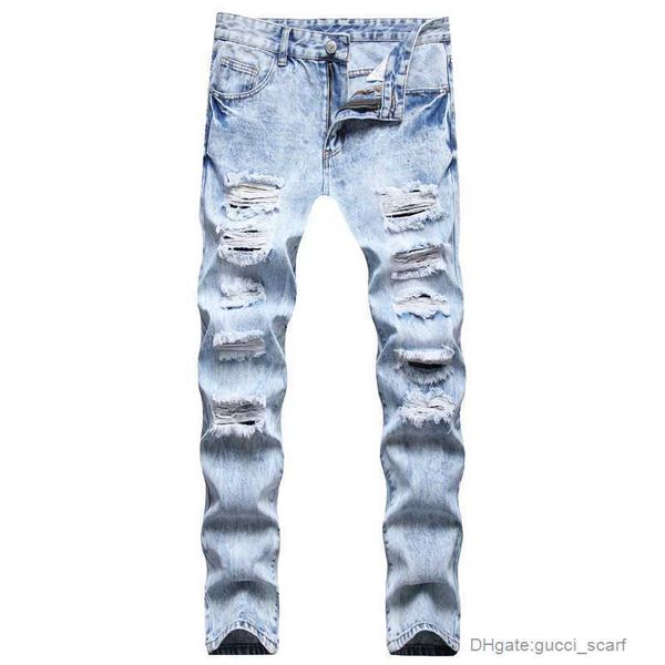 

men's jeans loose fried snowflake water washed holes straight tube medium blue jeans