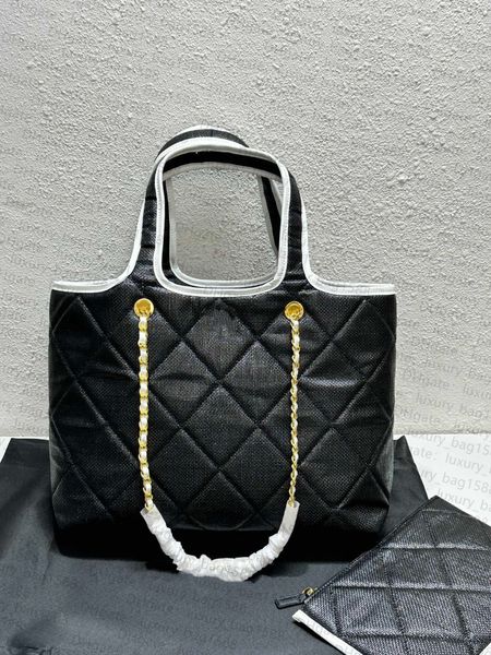 

designer tote bag woven material women's black and white duplex shopping bag classic handbag diamond plaid metal letter chain buckle de