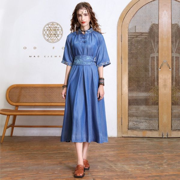 

elevate your style with our folk style hand buckle denim dress - 2023 summer new, featuring heavy embroidery and a loose plus size fit, perf, Black;gray