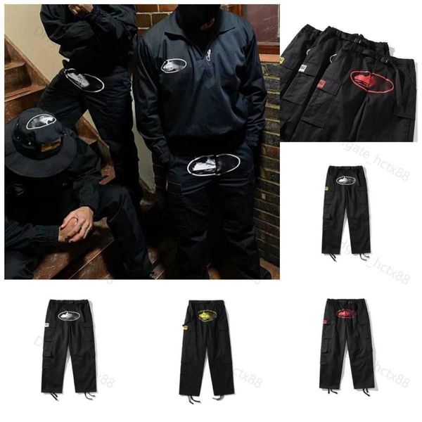 

22ss men's pants y2k cargo pants corteiz harajuku hip hop print multi pocket overalls men hip hop punk rock wide leg pants streetwear s, Black
