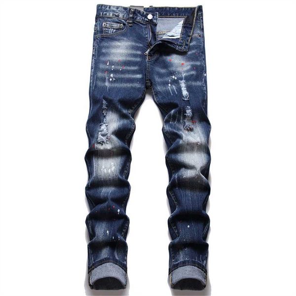 

designer mens high street vintage classics america jeans for embroidery oversize ripped denim new fashion hole streetwear skinny slim pencil, Blue