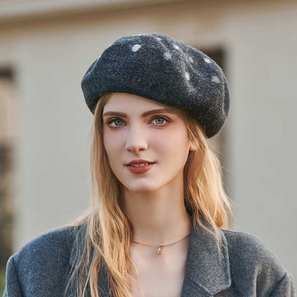 

berets elegant women girls berets cap french artist warm woolen winter beanie hat black vintage beret cashmere hat polka dots wool cap z0616, Blue;gray