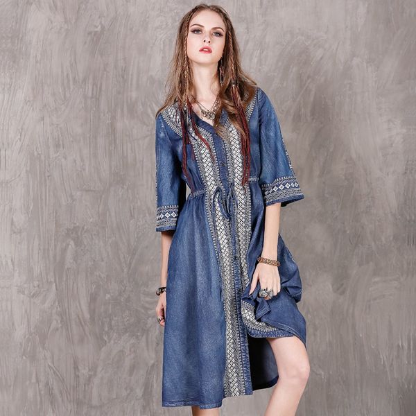 

vintage sandy beach blue denim dress | heavy duty embroidery | large size loose fit | v-neck | drawstring | medium sleeve | tribal pattern |, Black;gray
