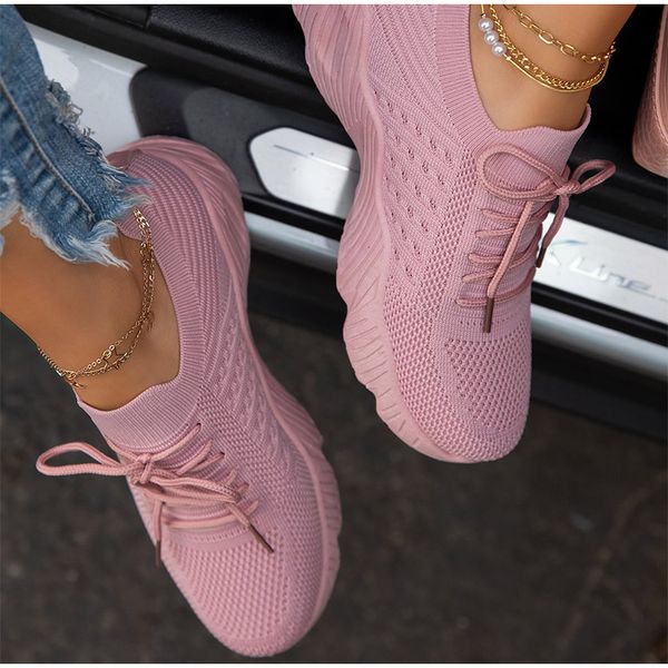 

women's sneakers breathable casual women socks shoes lace up ladies flats female spring vulcanized running zapatillas de mujer, Black
