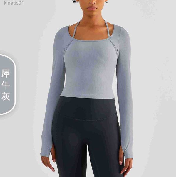 

designer lululemens t shirt original factory autumn and winter new hanging neck strap fake two pieces yoga long sleeve running sports fitnes, White