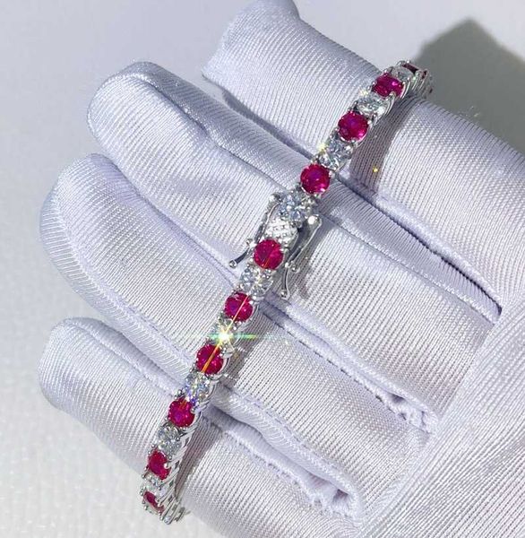 

3mm white gold plating silver solid moissanite mix synthetic ruby tennis bracelet