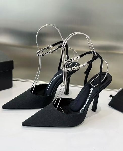 

summer luxury alex-wang delphine sandals shoes black stain pointed toe slingback crystal branding straps lady high heels party wedding dress