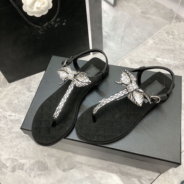 

luxury designer sandals fashion rhinestone bow flat sandal for women flip-flops, Black