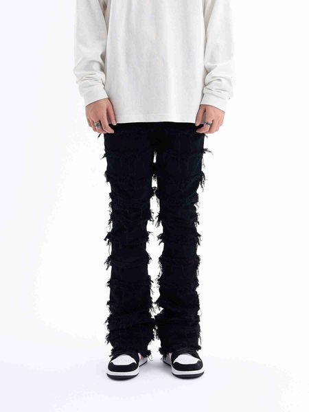 

american style black erosion damaged rough jeans high street mens in hip-hop fashion vintage tight pants 2023 streetwear, Blue