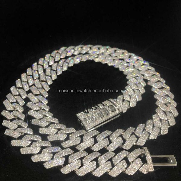 

customized hip-hop necklace vvs 15mm 3-row moissanite diamond cuban chain 925 sterling silver plated 18k men necklace wholesale