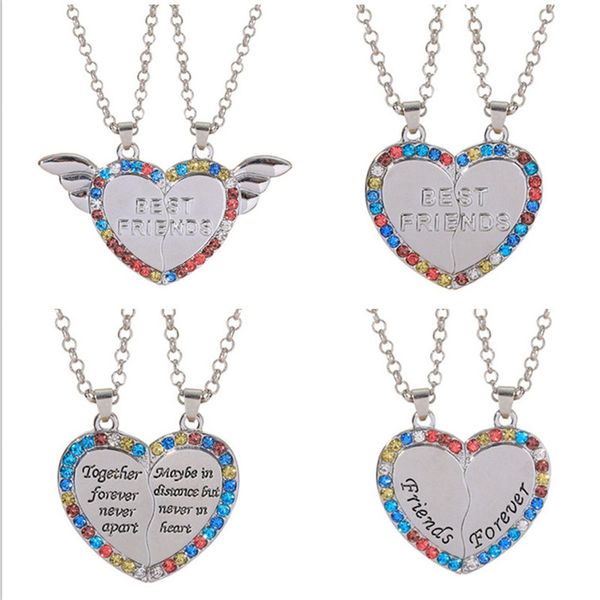 

2pcs/set cute colorful rhienstone friend pendants heart necklace designer for children girls silver plated link chain choker bff necklaces f