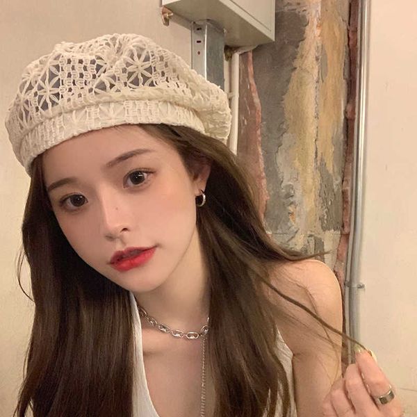 

berets hollow beret summer thin breathable fashion painter hat trendy korean sweet lace beret sombreros de mujer z0616, Blue;gray