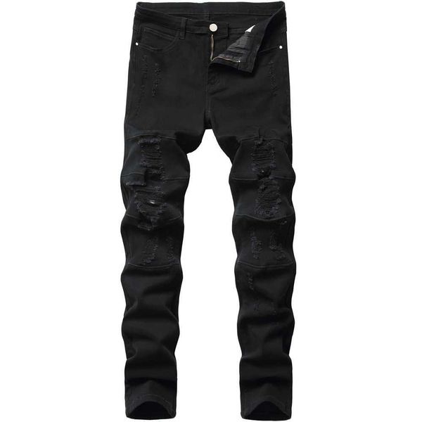 

mens black fashion jeans ripped denim pants skinny pencil holes broken biker plain solid, Blue