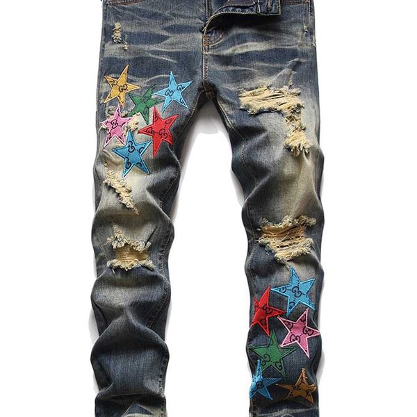 

retro stretch slim mens jeans fashion designer ripped hole denim pants men embroidery five-pointed star trousers pantalones de hombre, Blue