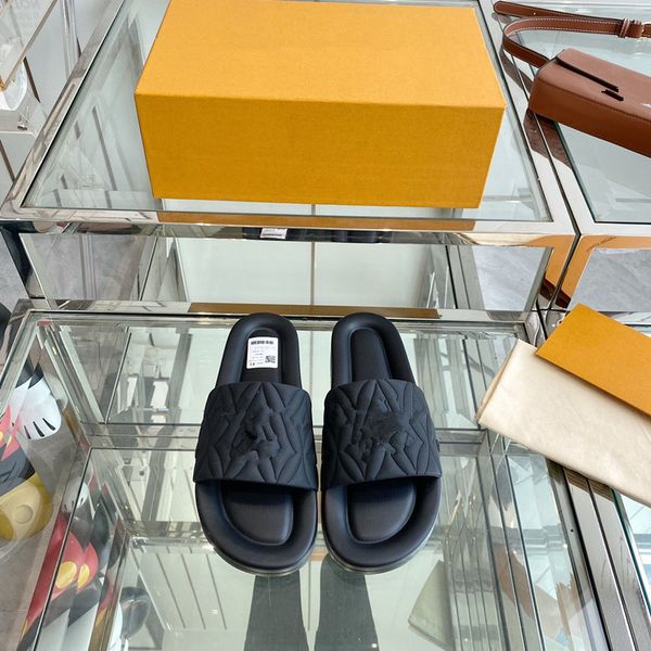 

designer women sandals womens slides crystal calf leather casual shoes quilted platform summer beach slipper with box 0609, Black