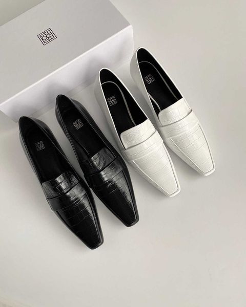 

original pure niche toteme french british slip-on shoe women kitten heel square head crocodile grain cowhide muller shoes the tow, Black